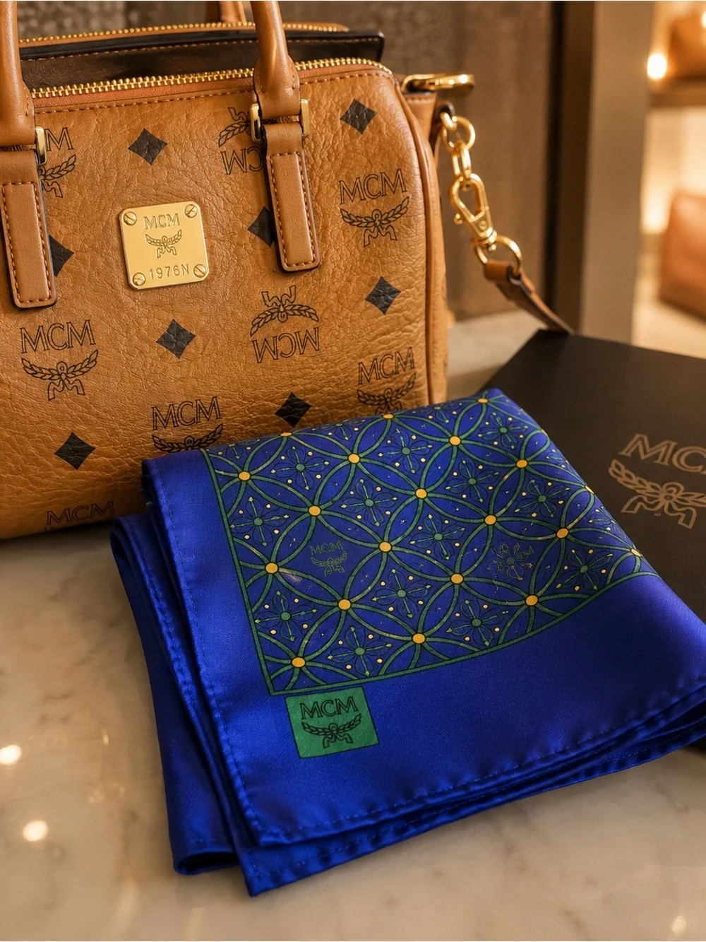 MCM Blue Silk Monogram Pocket Square Scarf | Italy | NWOT
